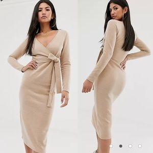 ASOS super soft wrap front midi sweater dress in camel